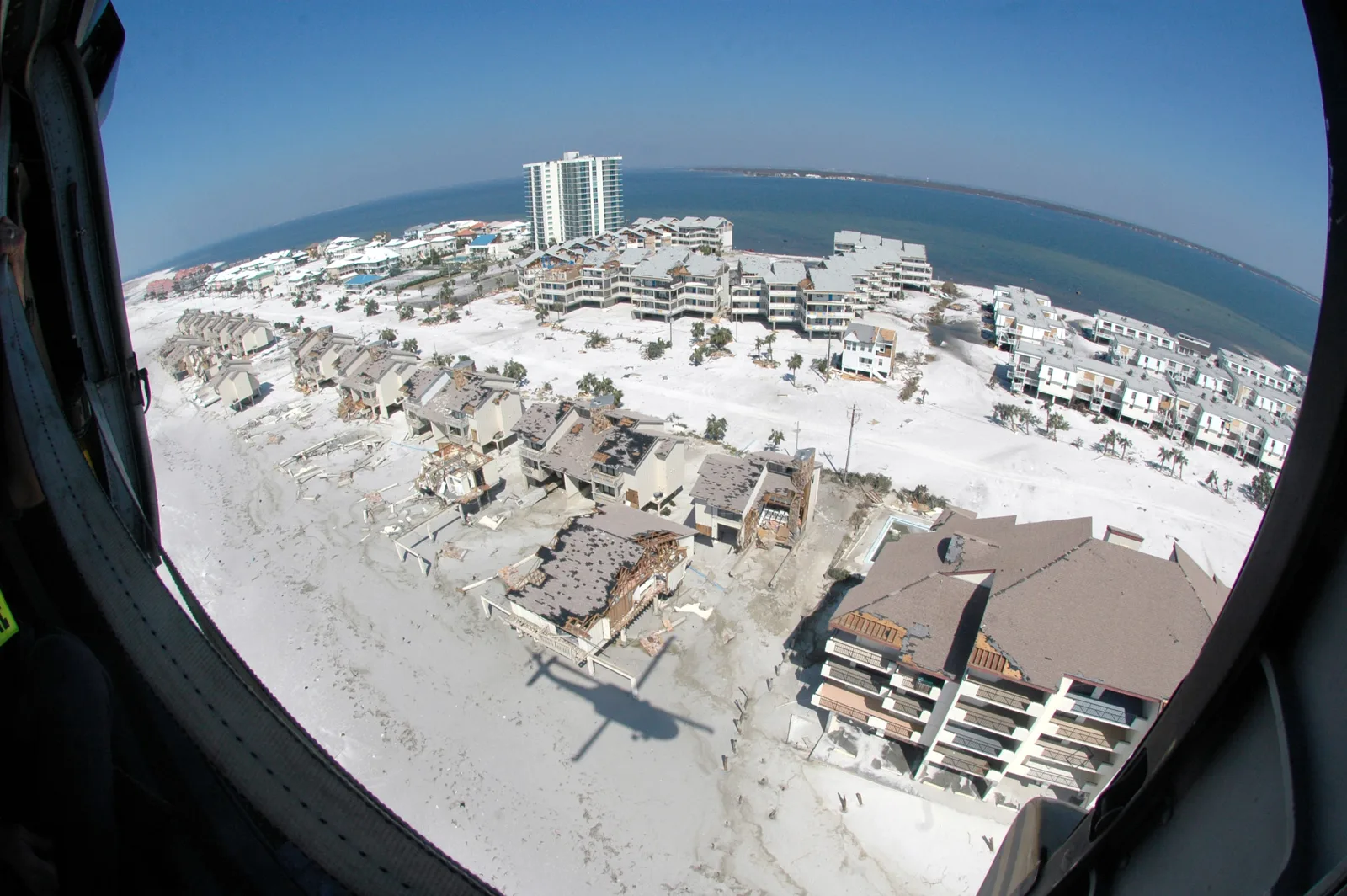 Damage left by Hurricane Ivan on Pensacola Beach, seen from a helicopter. The picture does not show Hurricane Isaias.