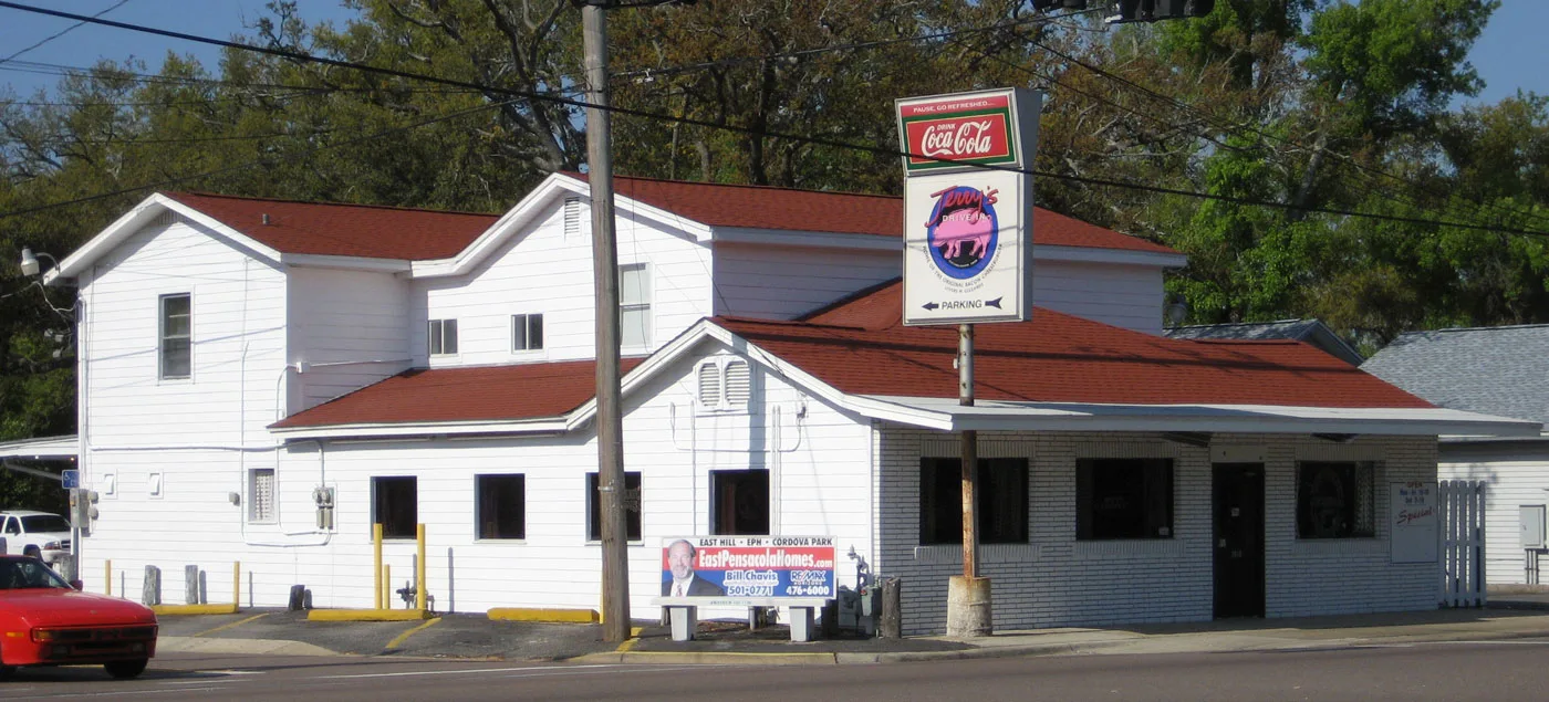 Jerry's Drive In, a white diner with a red roof on East Cervantes Street at Perry Avenue in East Pensacola Heights.