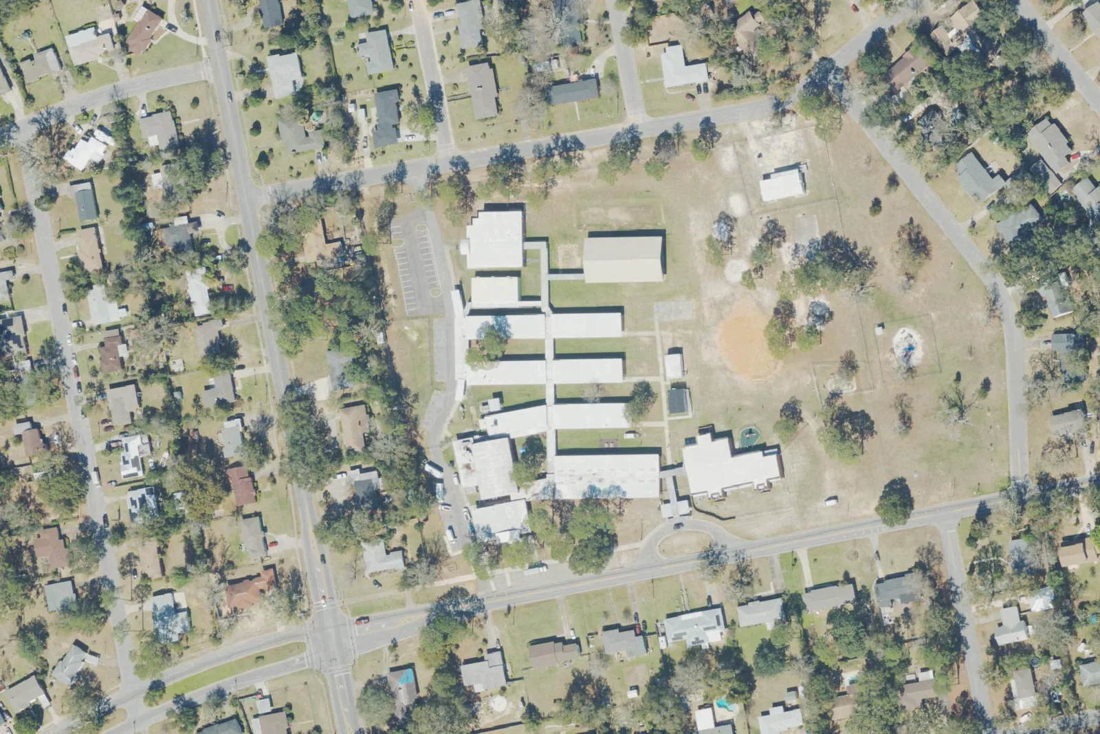 O.J. Semmes Elementary School's classroom wings and playing field off East Texar Drive in Pensacola, seen from the air.