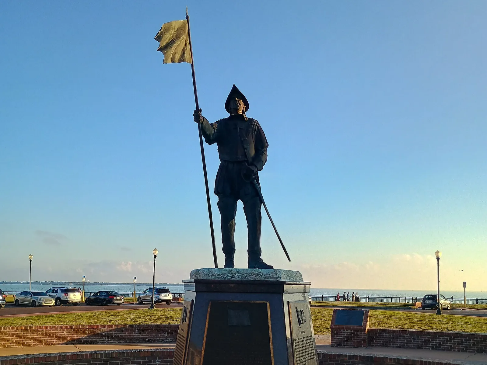 The Tristan de Luna statue at Plaza de Luna on the Pensacola bayfront, the park with one of the city's two splash pads.